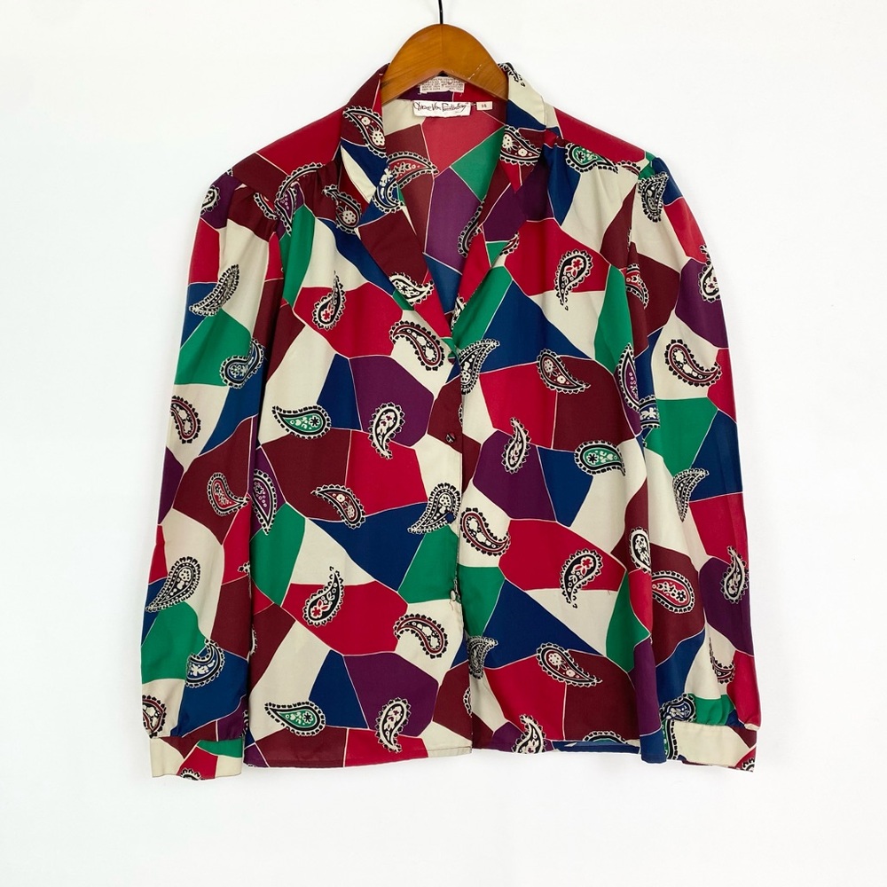 Diane Von Furstenberg Vintage Geometric Button Down Collared Long Sleeve‎ Sz 14